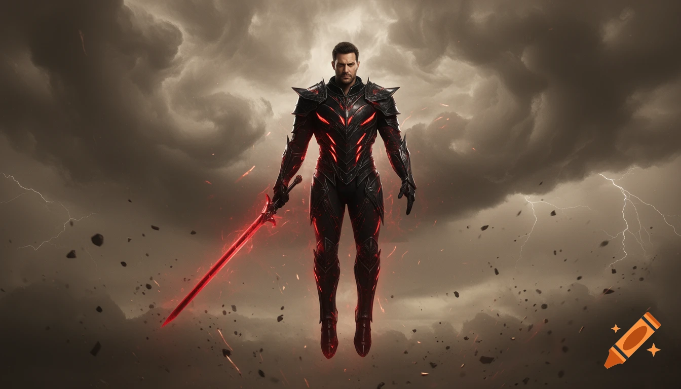 A man in black and red glowing armor floats in a stormy, apocalyptic sky, holding a blood-red glowing sword.