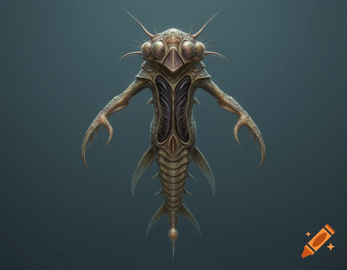 A detailed, rendered image of an alien, insect-like aquatic creature with large eyes, grasping limbs, and fin-like appendages.