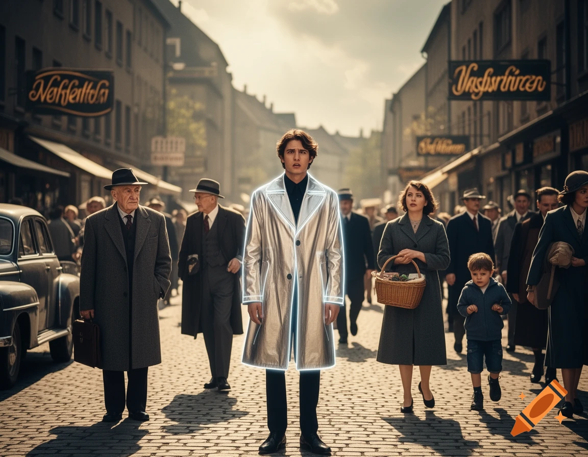 A time traveler in a glowing silver trench coat stands in the middle of a cobblestone street, surrounded by people dressed in 1950s attire, some looking surprised.