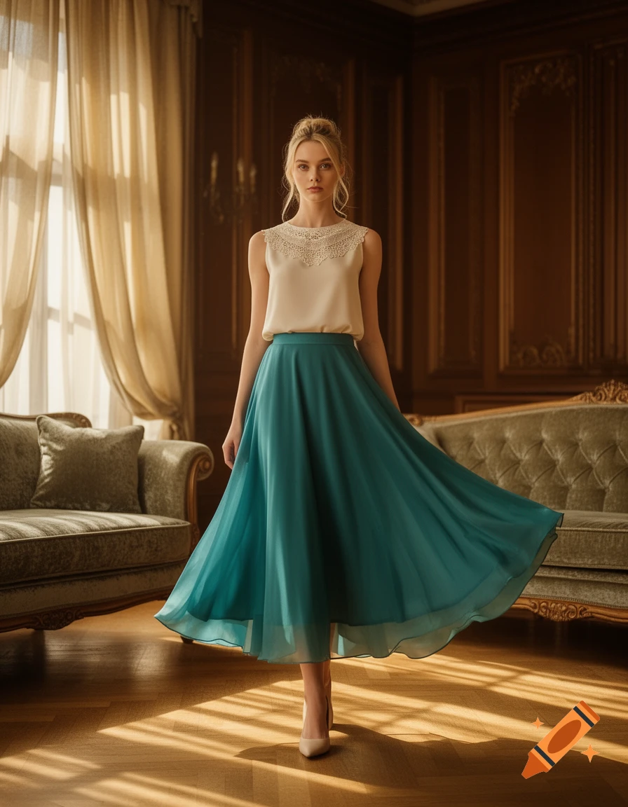 A blonde woman in a cream sleeveless top and flowing teal skirt stands in an elegant, sunlit room with ornate furniture.