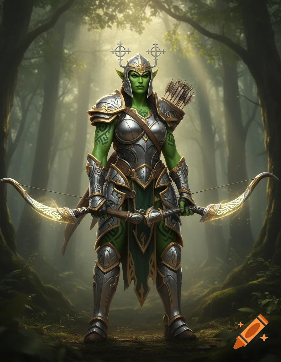 A green-skinned female orc ranger in ornate silver and gold armor holds a glowing bow, standing in a mystical sunlit forest.