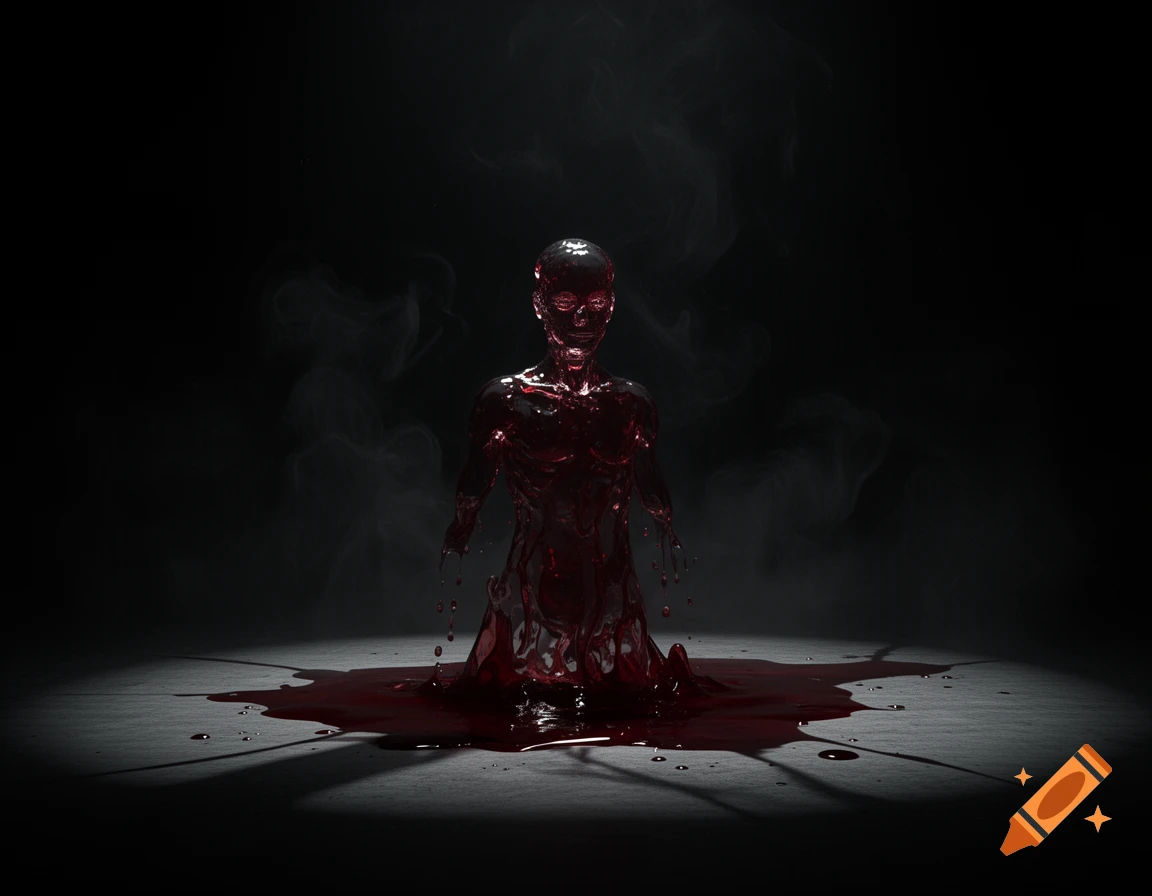 A dark fantasy image of a humanoid figure made of shimmering red liquid emerging from a pool of blood on a dark, misty floor.
