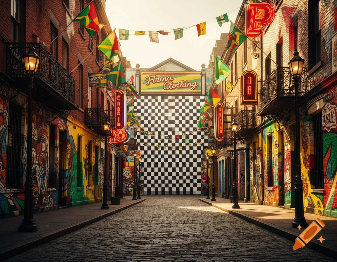 A vibrant street with cobblestones, graffiti-covered buildings, and numerous colorful flags strung overhead. A "Firma Clothing" sign and neon signs are visible, and a large black and white checkerboard pattern fills the street's end.