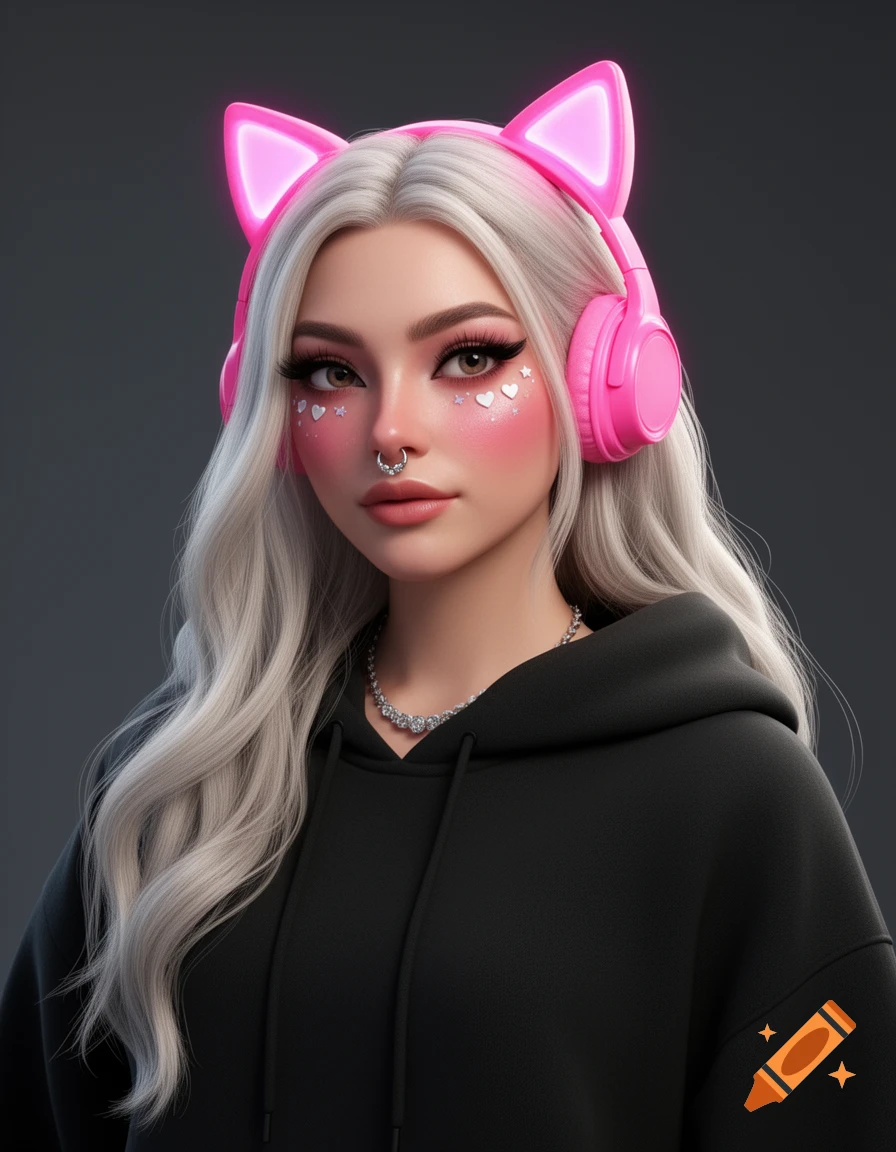 Semirealistic 3D portrait of a young woman with platinum blonde hair, pink cat ear headphones, elaborate makeup, and a black hoodie.