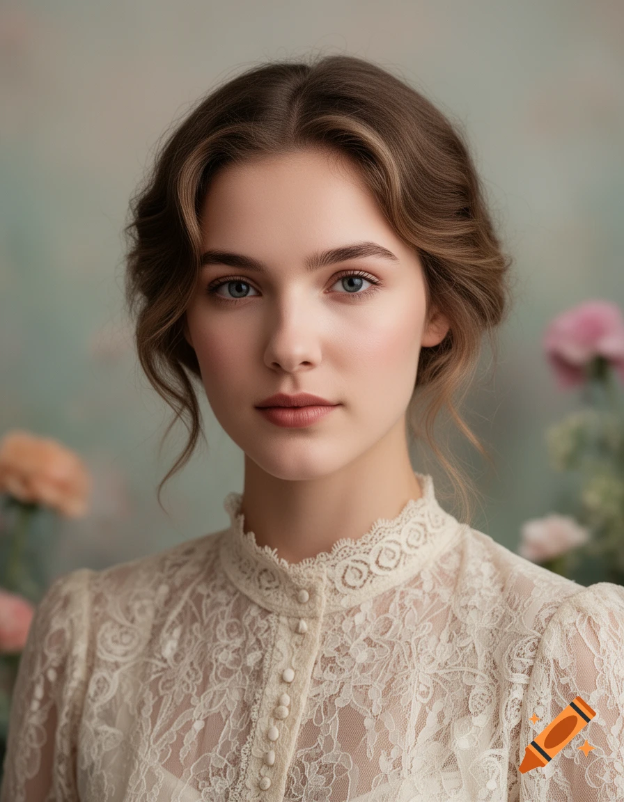 Photorealistic portrait of a young woman with wavy brown hair, wearing a cream lace blouse, against a soft floral background.
