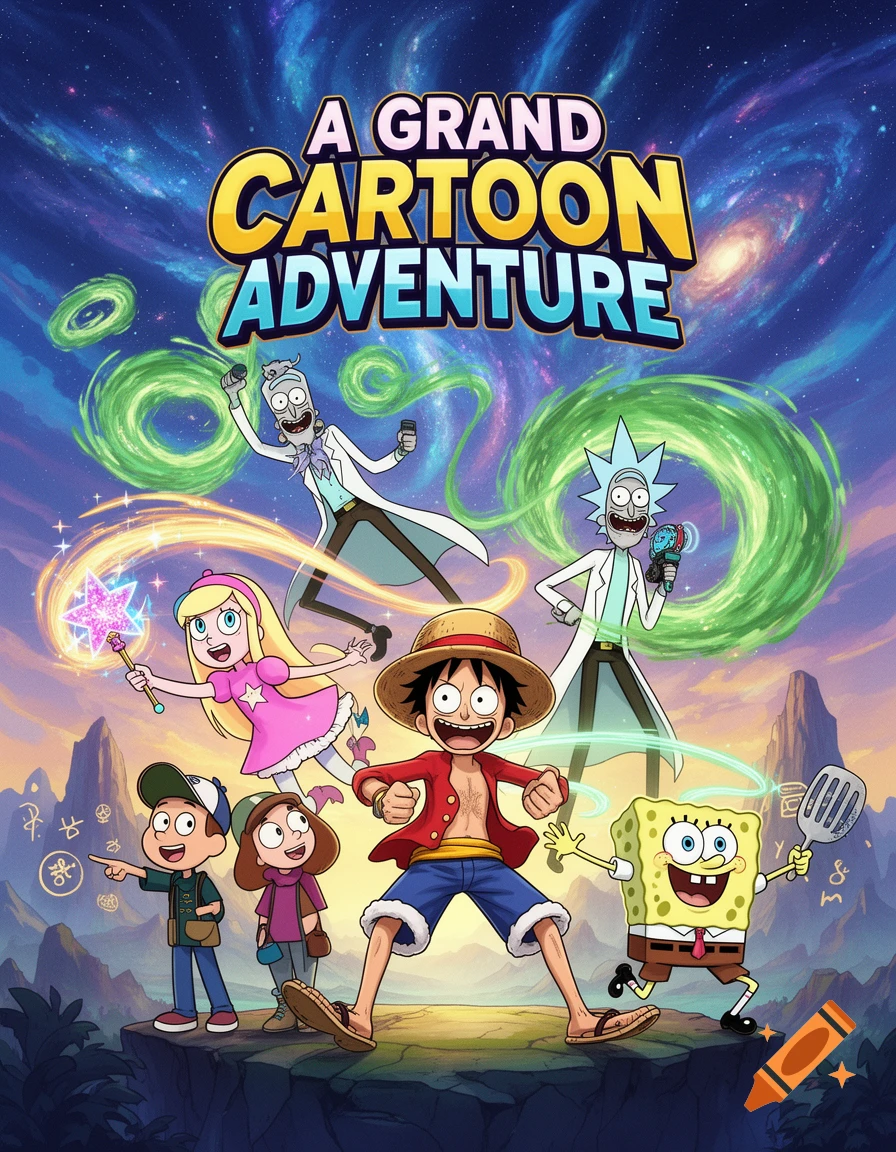 A cartoon adventure poster featuring Luffy, Star Butterfly, Rick Sanchez, Dipper and Mabel Pines, and Spongebob in a cosmic landscape.
