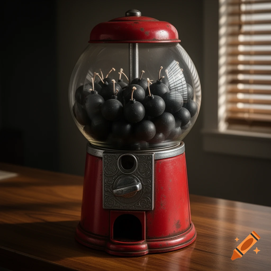 A vintage red gumball machine filled with round, black, stylized bombs sits on a wooden table near a window with blinds.
