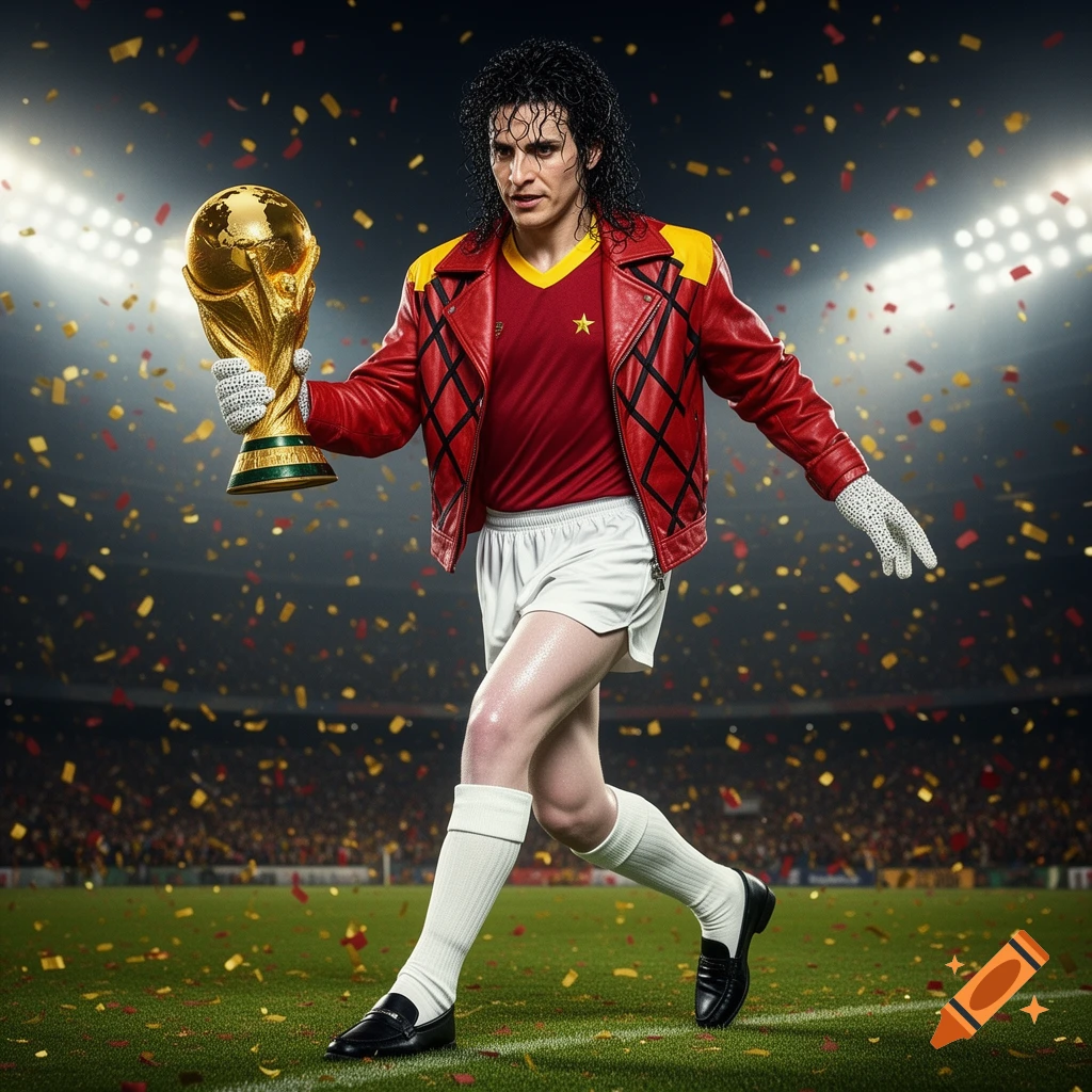 A man in a red leather jacket and white shorts, resembling Michael Jackson, holding a golden World Cup trophy in a confetti-filled soccer stadium.