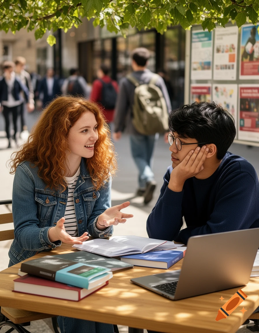 Two young students, a woman with red curly hair and a man with glasses, sit at an outdoor table with books and a laptop, talking.