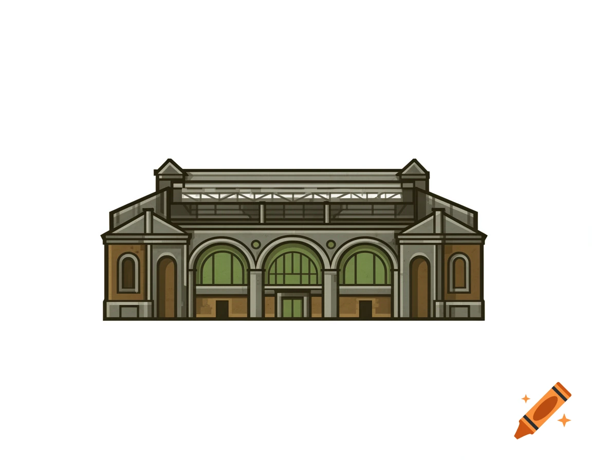 Stylized illustration of an old historic stadium building with arched green windows and a gray roof.