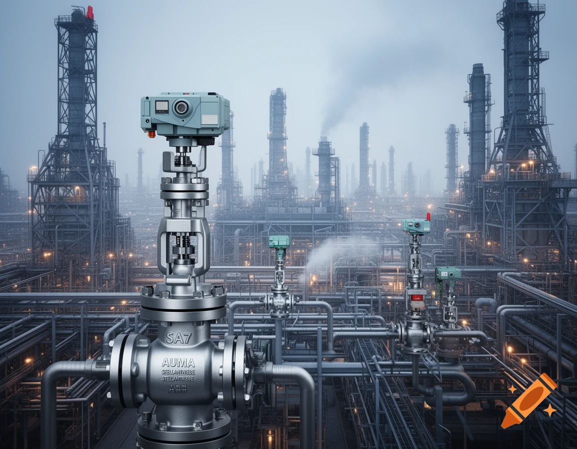 Detailed photorealistic image of an industrial power plant or refinery with an Auma SA7 valve actuator in the foreground.