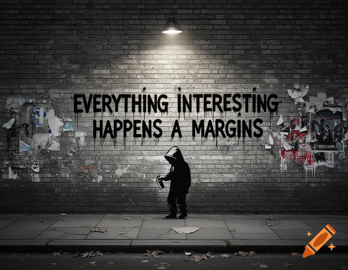 A black silhouette of a person spray-painting 'EVERYTHING INTERESTING HAPPENS A MARGINS' on a brick wall under a street lamp, in a Banksy style.