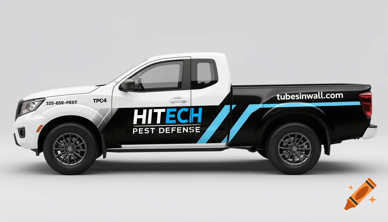 White and black Nissan Frontier pickup truck with a HITECH Pest Defense wrap, featuring blue and white text and blue accents on a grey background.