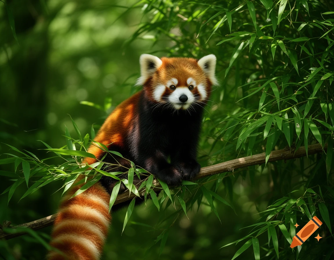 A photorealistic red panda with reddish-brown fur, white face markings, and a striped tail sits on a bamboo branch in a lush green forest.