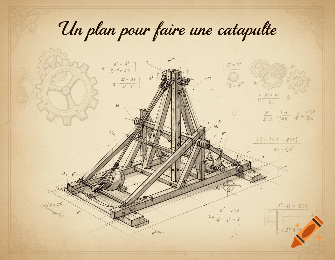 A vintage-style blueprint sketch detailing a catapult design with text 'Un plan pour faire une catapulte' and mathematical formulas on aged paper.