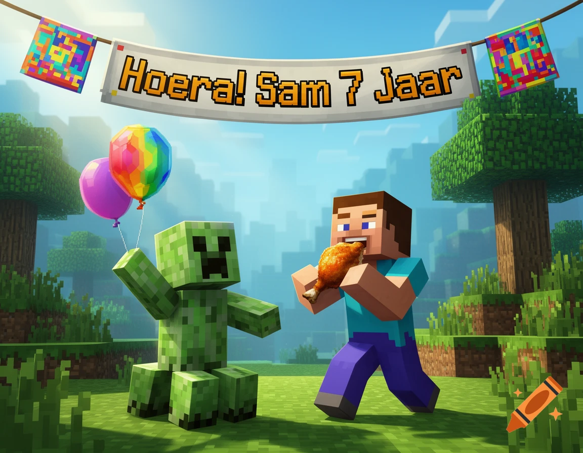 A Minecraft scene with Steve eating chicken and a Creeper holding colorful balloons under a "Hoera! Sam 7 Jaar" banner in a blocky world.