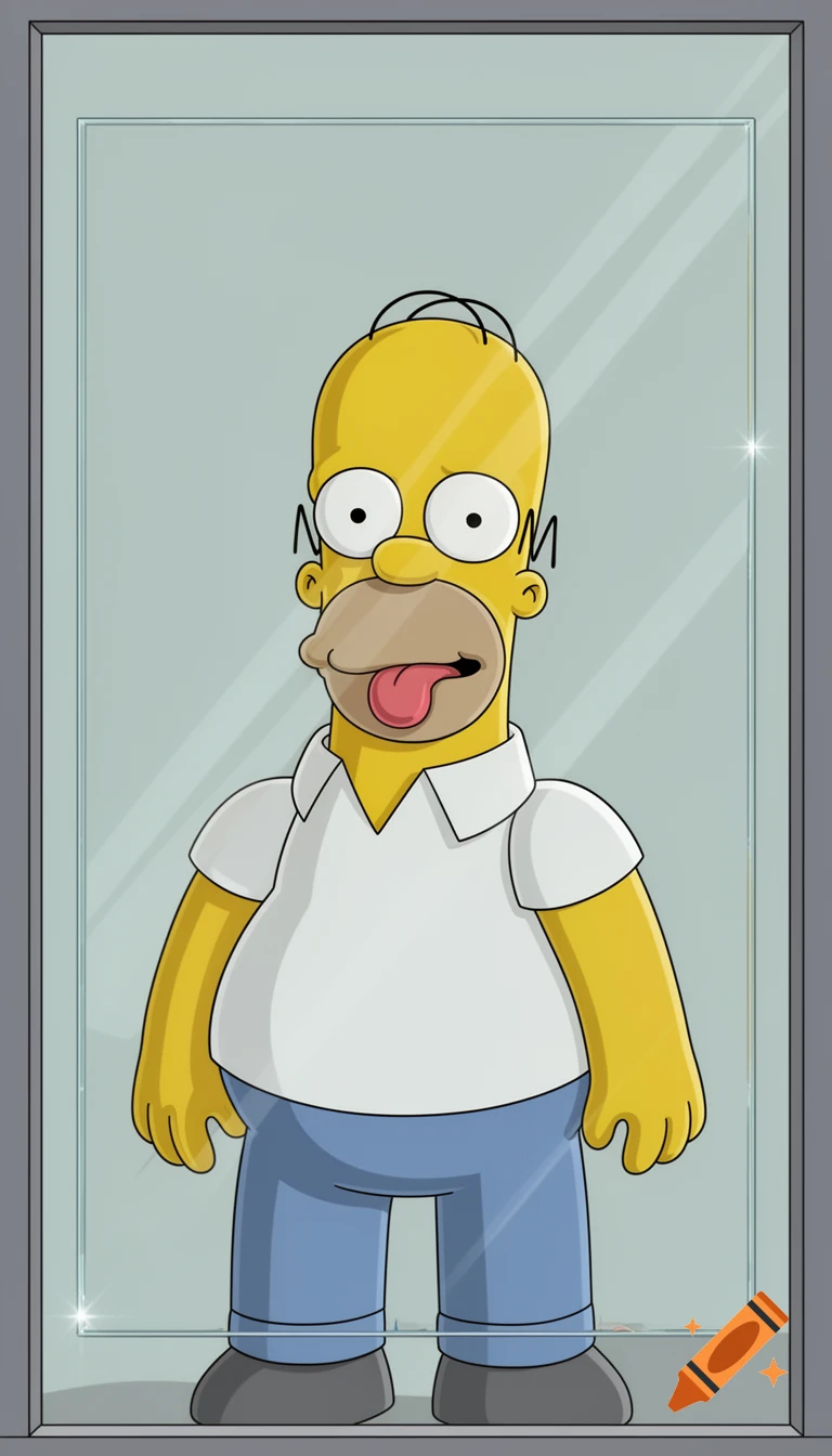 Homer Simpson from The Simpsons pressed against a glass pane, sticking his tongue out. Reflections are visible on the glass.