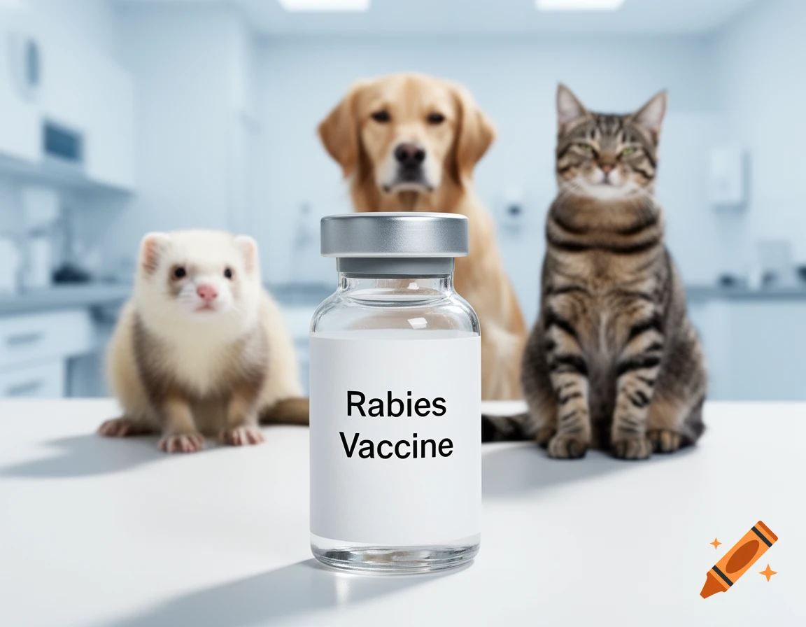 Photorealistic image of a ferret, golden retriever, and tabby cat behind a 'Rabies Vaccine' vial in a vet clinic.