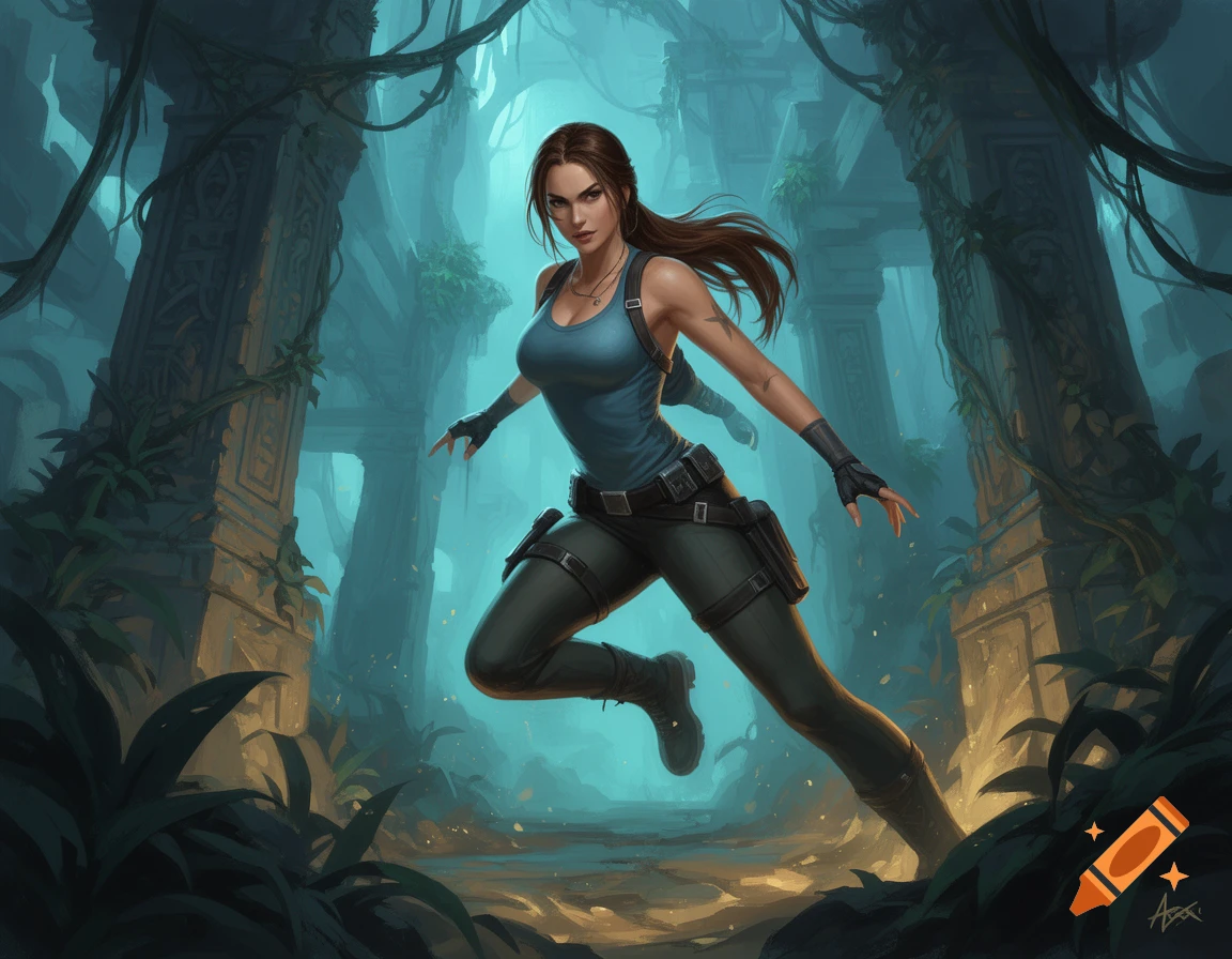 Stylized illustration of Lara Croft leaping through ancient jungle ruins, with dramatic blue and gold lighting.
