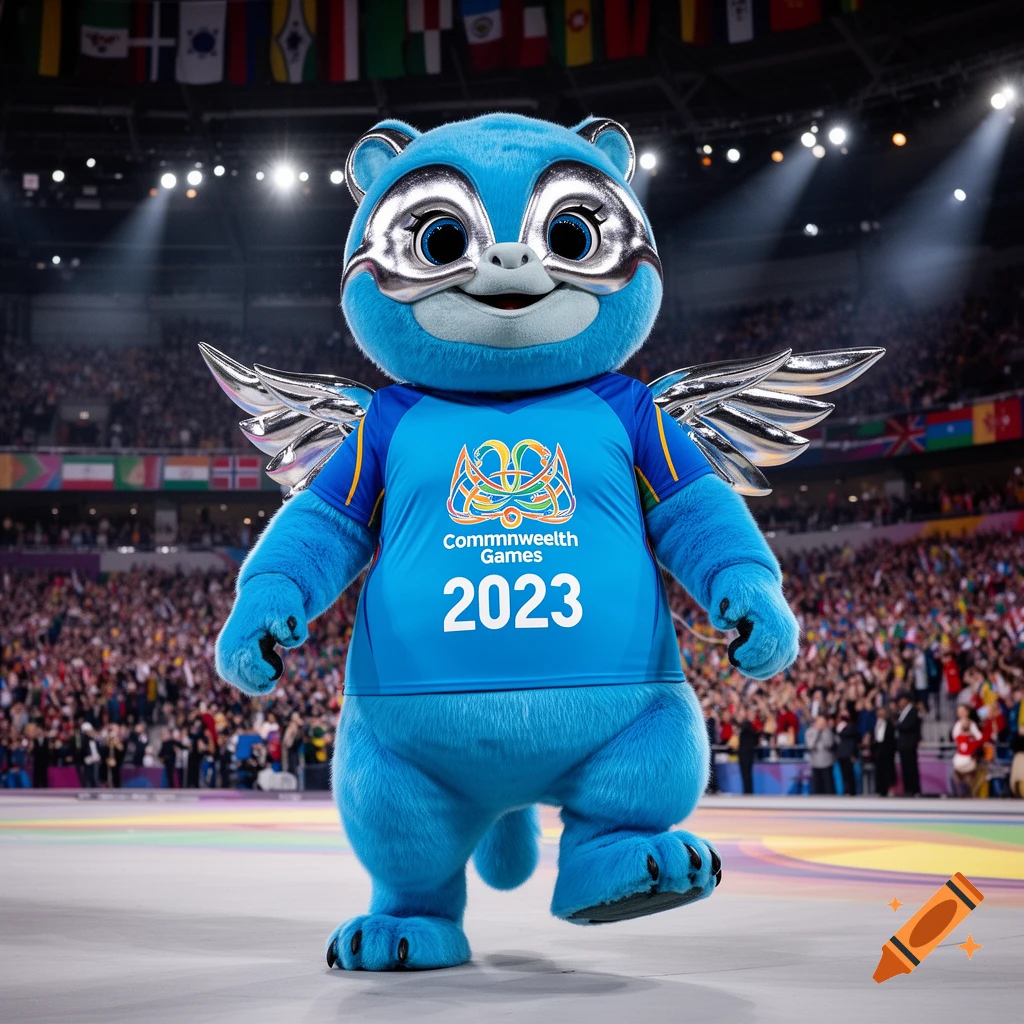 A blue furry mascot with silver goggles and wings smiles, standing on a stage in a brightly lit stadium full of spectators.