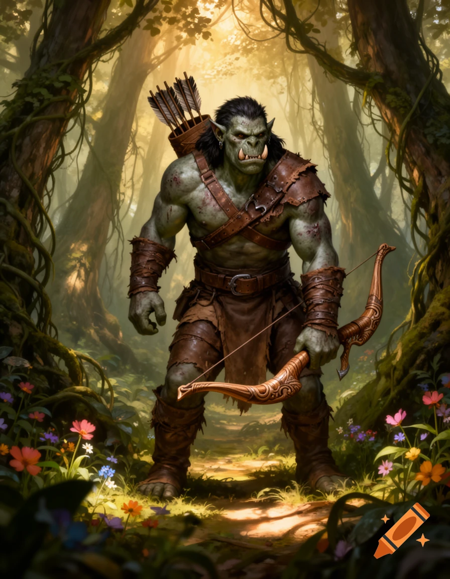 A formidable orc ranger stands in a sun-dappled fantasy forest, holding a bow and quiver of arrows.