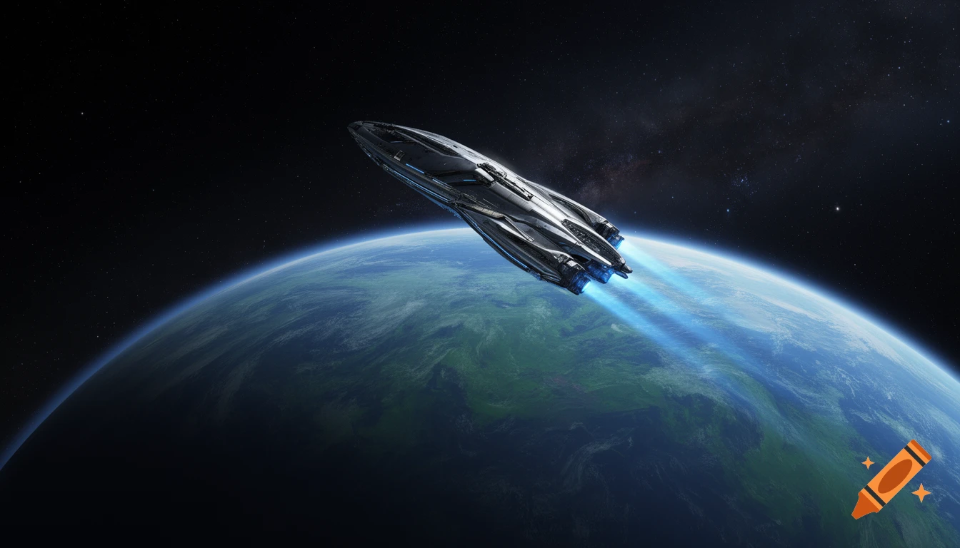 A sleek, metallic spaceship with blue engine trails flies away from a vibrant green-blue planet into dark, star-filled space.