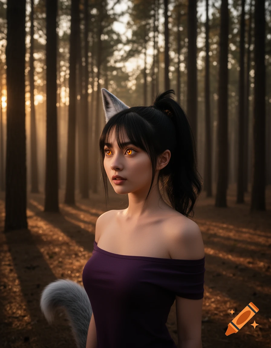 Young woman with black hair, glowing amber eyes, fox ears and tail, wearing a purple off-shoulder top in a sunlit pine forest at sunset.