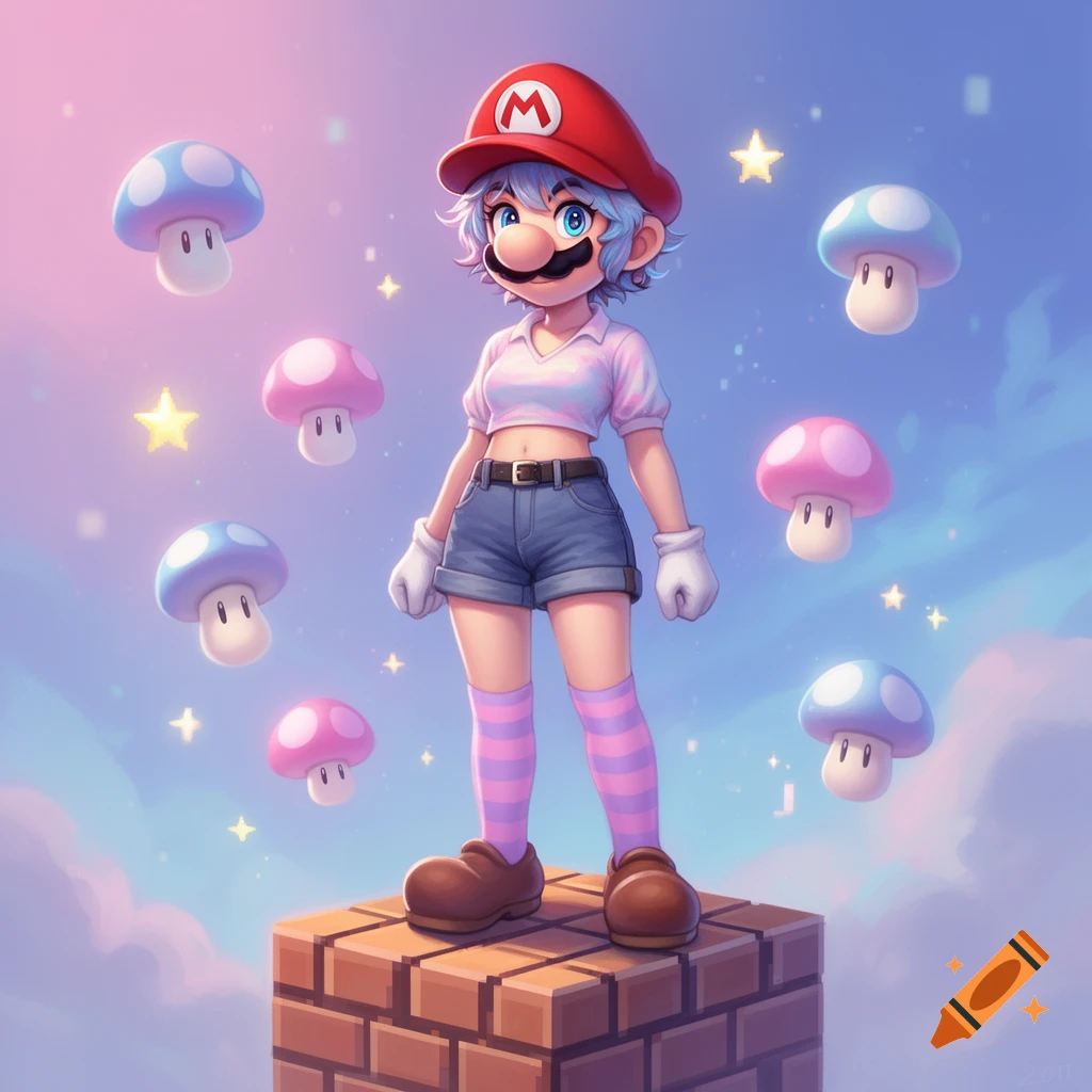 A feminine, blue-haired Mario-like character in a crop top and shorts stands on a brick block, surrounded by floating mushrooms and stars in a pastel sky, in an anime style.