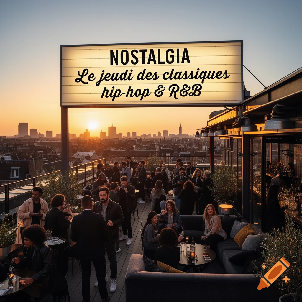 A vibrant rooftop bar at sunset with people socializing, a city skyline, and a sign for 'NOSTALGIA Le jeudi des classiques hip-hop & R&B'.