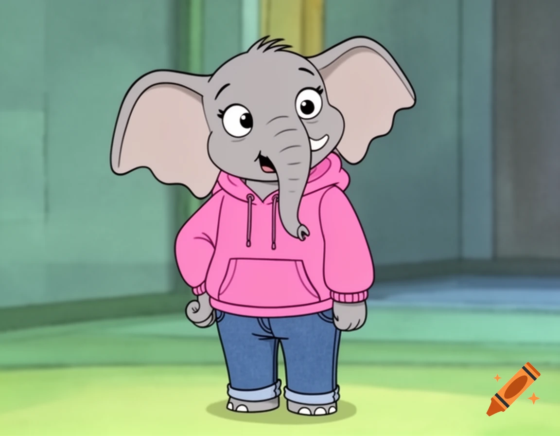 A friendly cartoon female elephant named Addie, wearing a pink hoodie and blue jeans, stands looking interested.