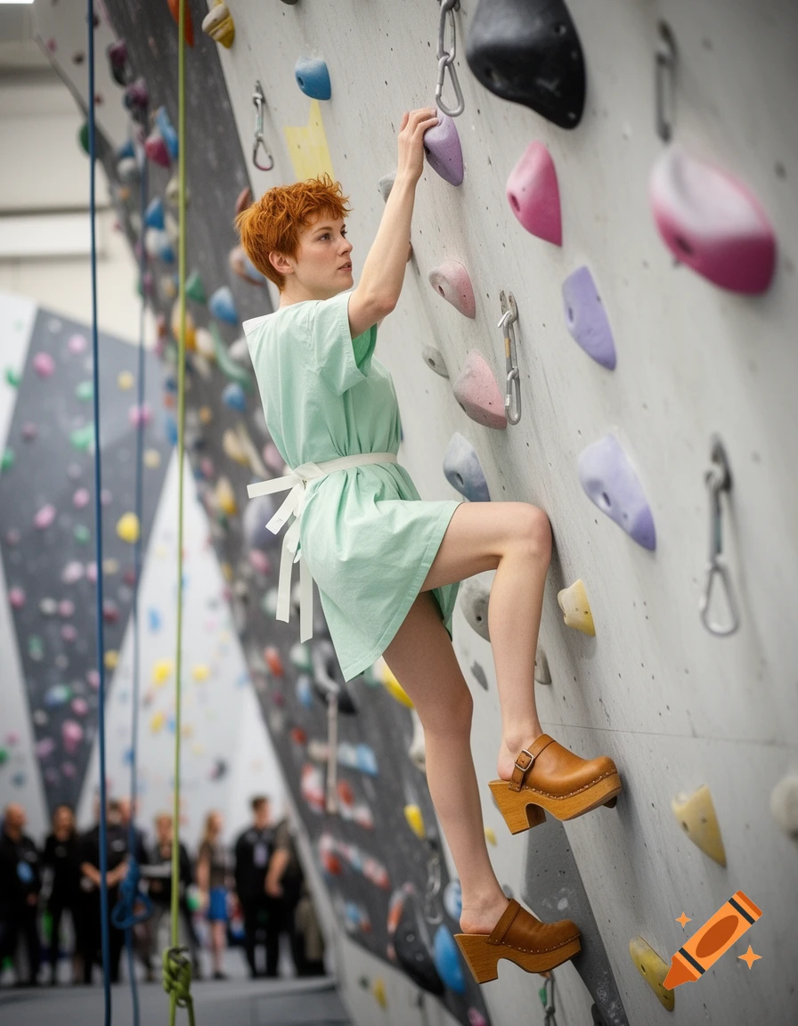 A woman with short ginger hair, wearing a pale green hospital gown and brown clogs, rock climbs an indoor wall.