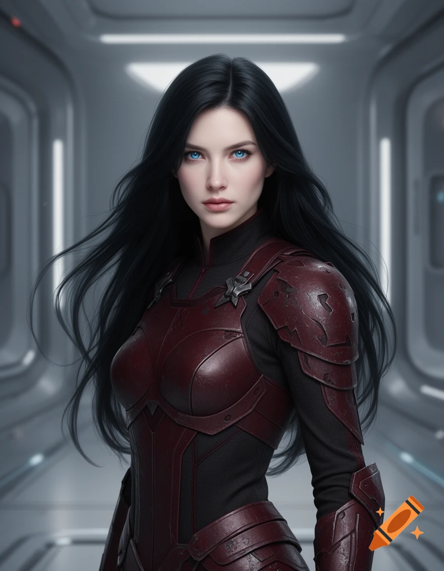A woman with long black hair and striking blue eyes wears crimson and black futuristic armor in a sleek, grey spaceship corridor. Photorealistic style.