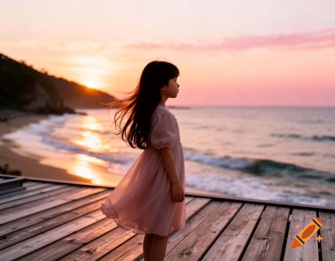 A young girl with long dark hair stands on a wooden deck, looking out at the ocean during a vibrant orange and pink sunset.
