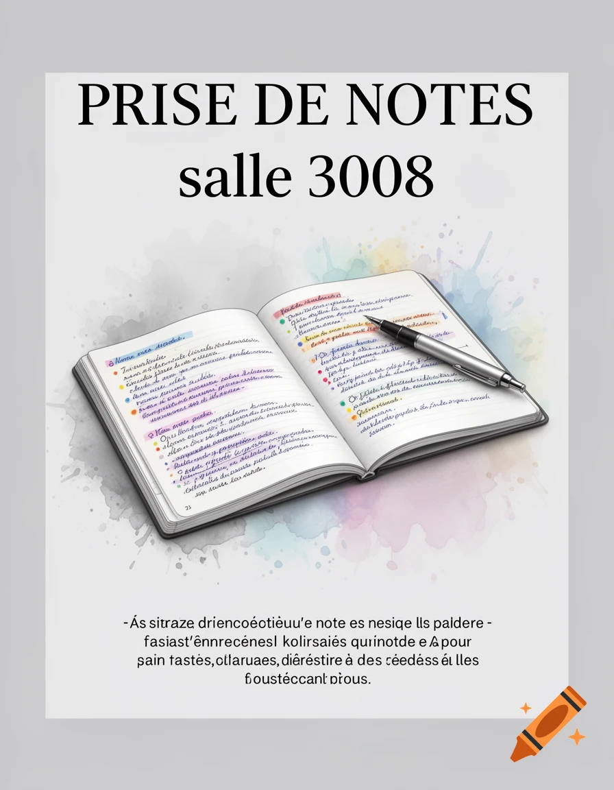 An A4 poster with the title 'PRISE DE NOTES salle 3008' in large black text, featuring an open notebook with colorful, handwritten notes and a pen. A watercolor splash effect is subtly present behind the notebook, and garbled text is at the bottom of the poster.