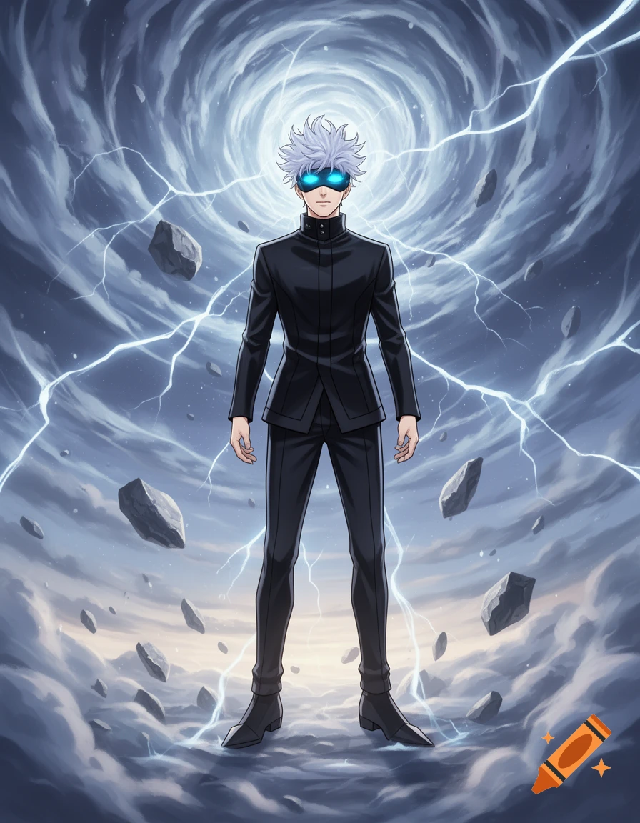 Anime character Satoru Gojo in a black suit with glowing blue eyes, standing amidst lightning, floating rocks, and a swirling vortex.