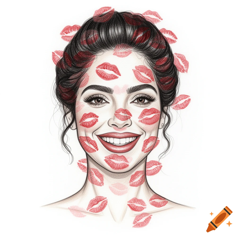 Hand-drawn illustration of a smiling woman with a face and neck covered in red lipstick kiss marks, on a white background.