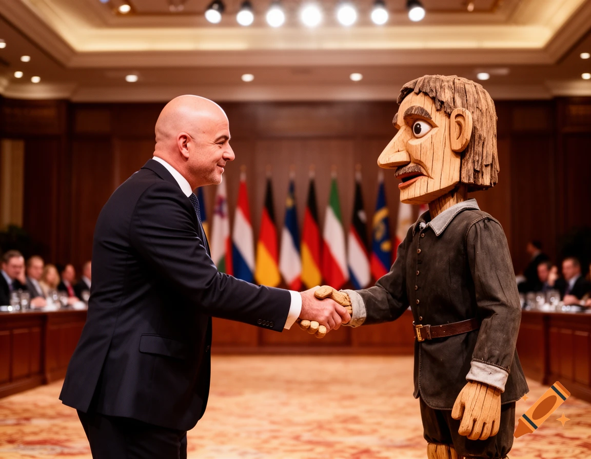 Photorealistic image of Gianni Infantino, a bald man in a suit, shaking hands with a large wooden puppet in a formal room with flags.