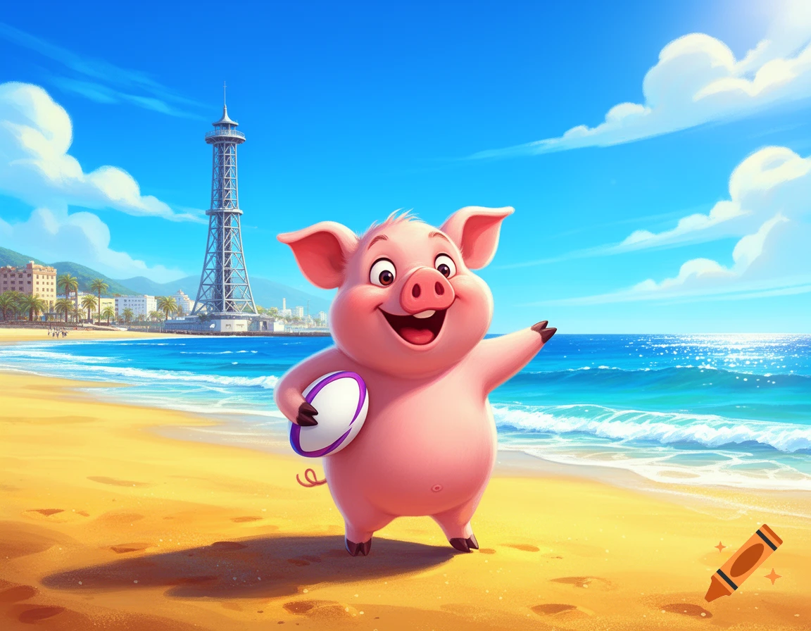 Smiling cartoon pig holds a rugby ball on a sunny beach, with ocean waves, a city skyline, and a metallic tower in the background. Digital art.