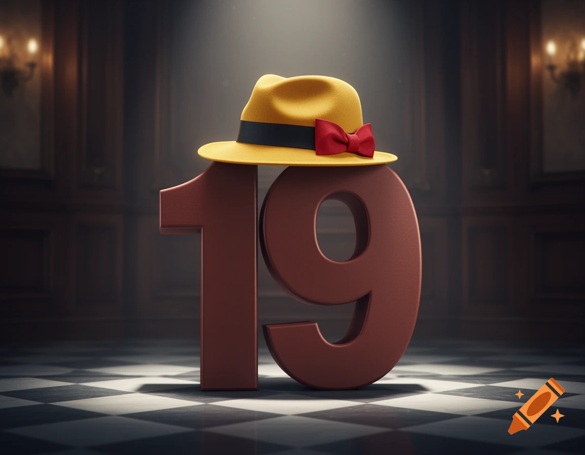 Reddish-brown number 19 wearing a yellow fedora with a red bow on a checkered floor in an elegant room.