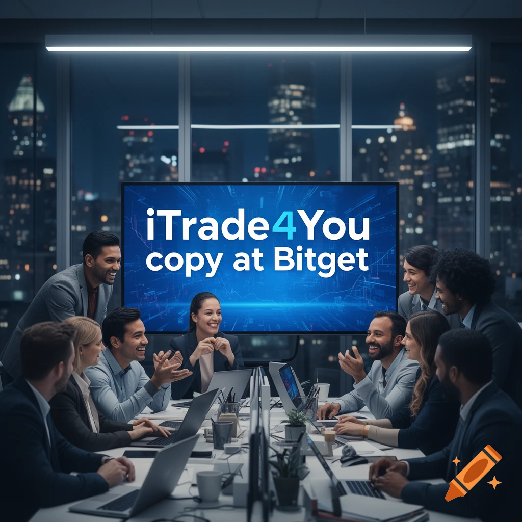 Diverse business professionals in a modern office meeting room at night, with a city skyline view and a screen showing 'iTrade4You copy at Bitget'.