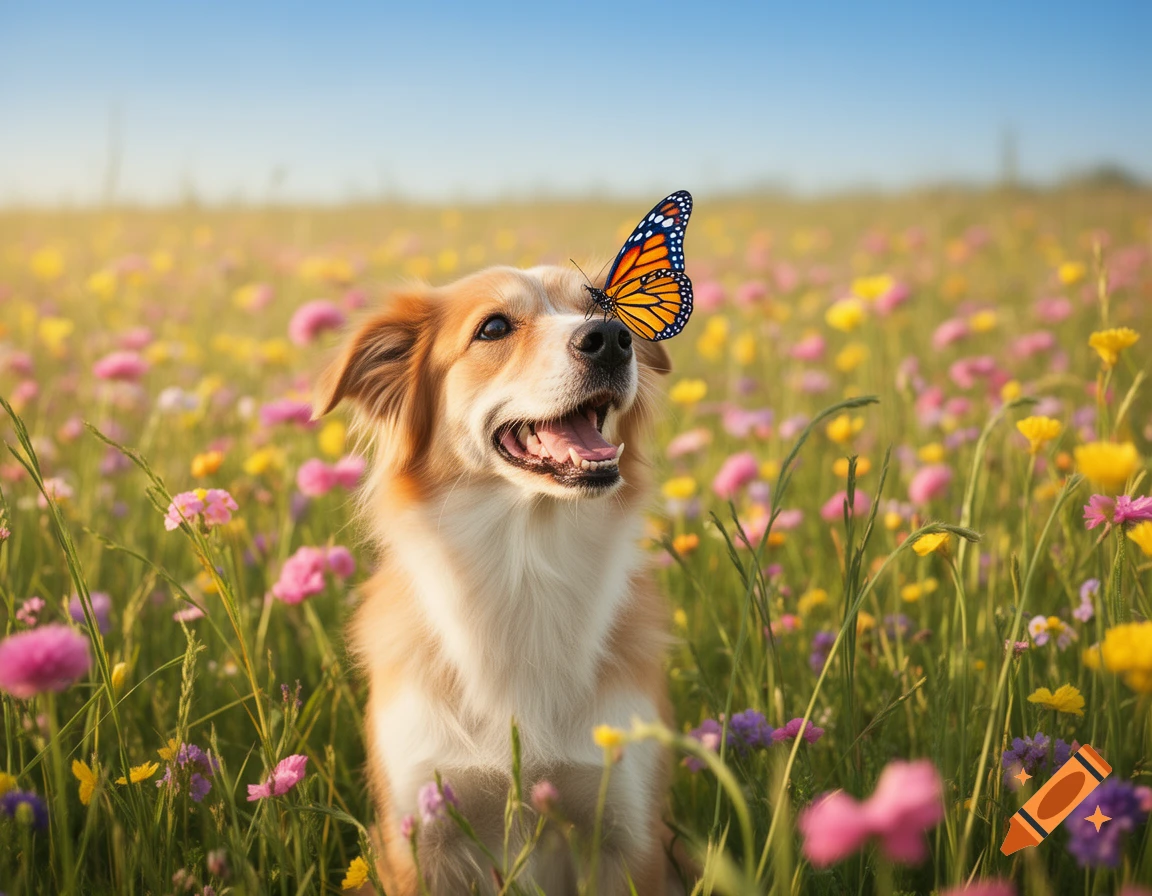 A happy golden dog sits in a sunny flower field with a monarch butterfly on its nose.