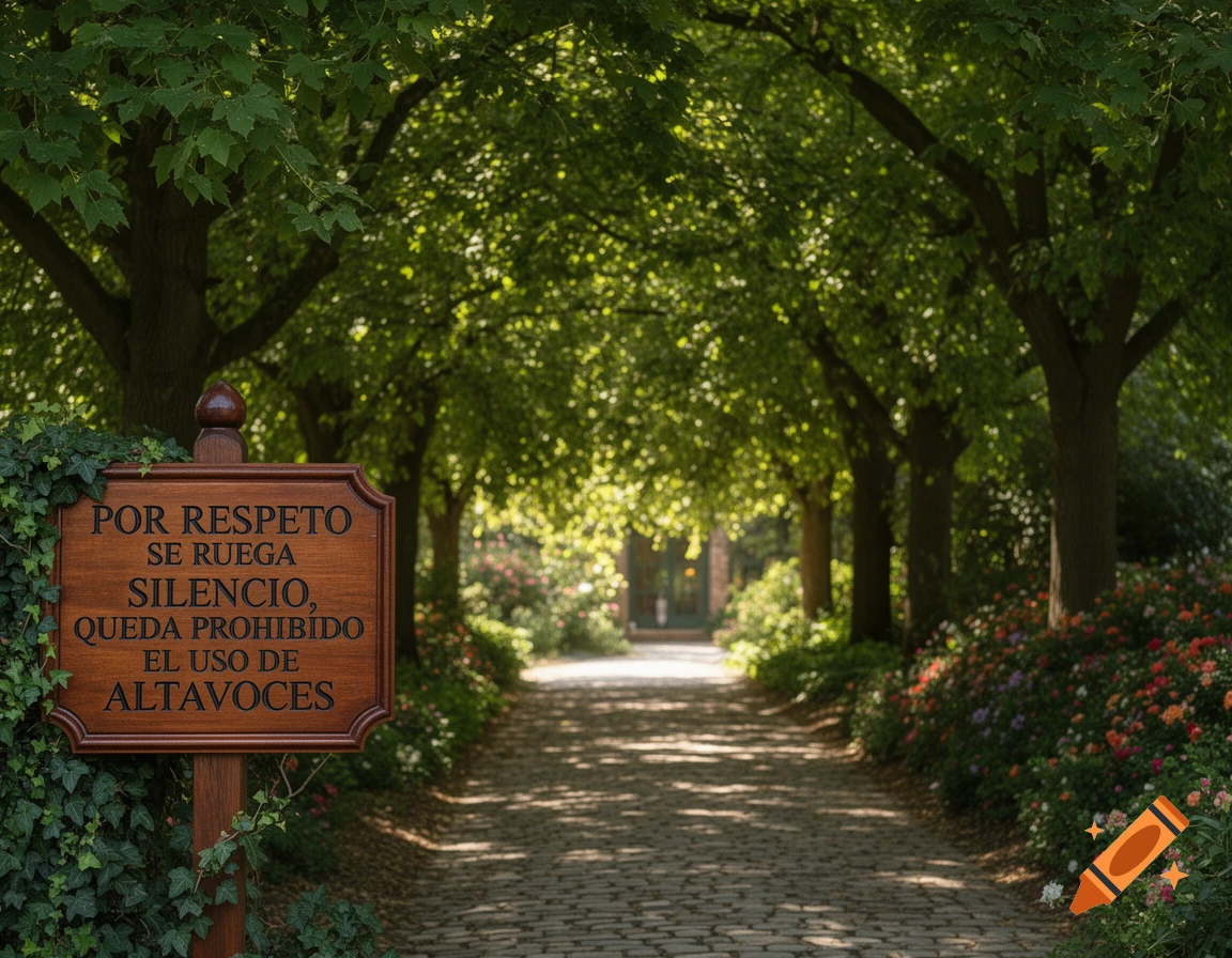 A photorealistic image of a quiet, tree-lined park path with flowers and a wooden sign in Spanish about silence and no loudspeakers.