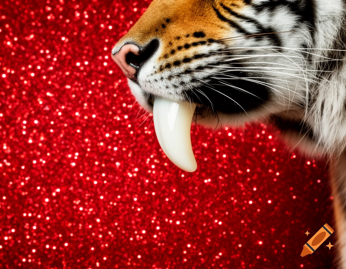 Close-up of a tiger's nose, mouth, and a large white saber tooth against a bright red glitter background.