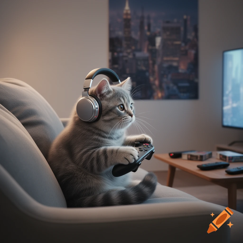 A grey tabby kitten wearing silver headphones sits on a couch, intently holding a black video game controller.