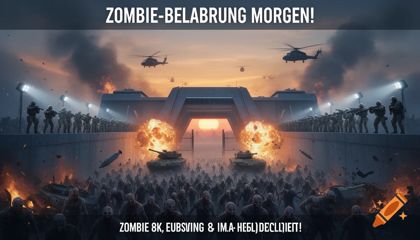 Epic scene of a fortified military base under siege by a zombie horde at sunrise, with soldiers, helicopters, tanks, and explosions.