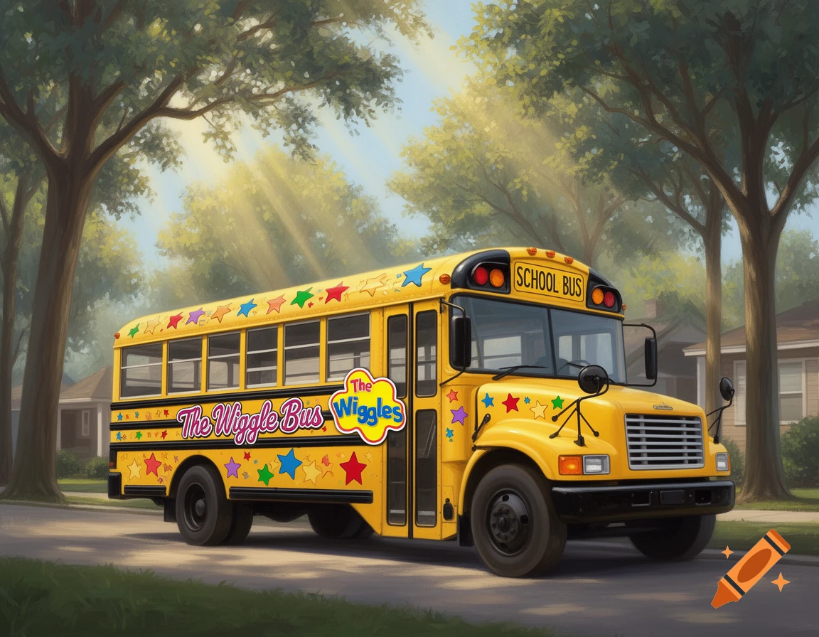 A bright yellow school bus, adorned with colorful stars and "The Wiggle Bus" and "The Wiggles" logos, parked on a street under sunlit trees.