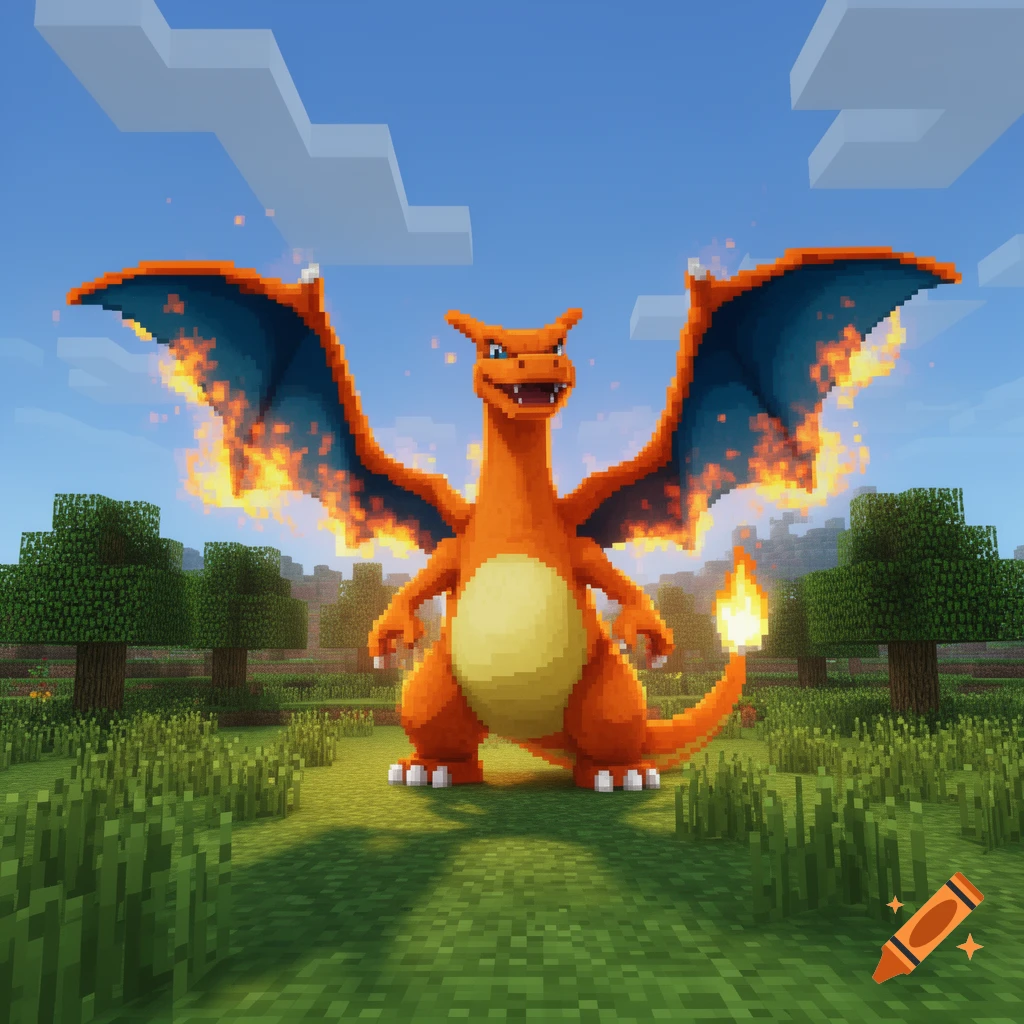 A pixelated Charizard with fiery wings and tail stands in a blocky, grassy Minecraft-style landscape under a blue sky.