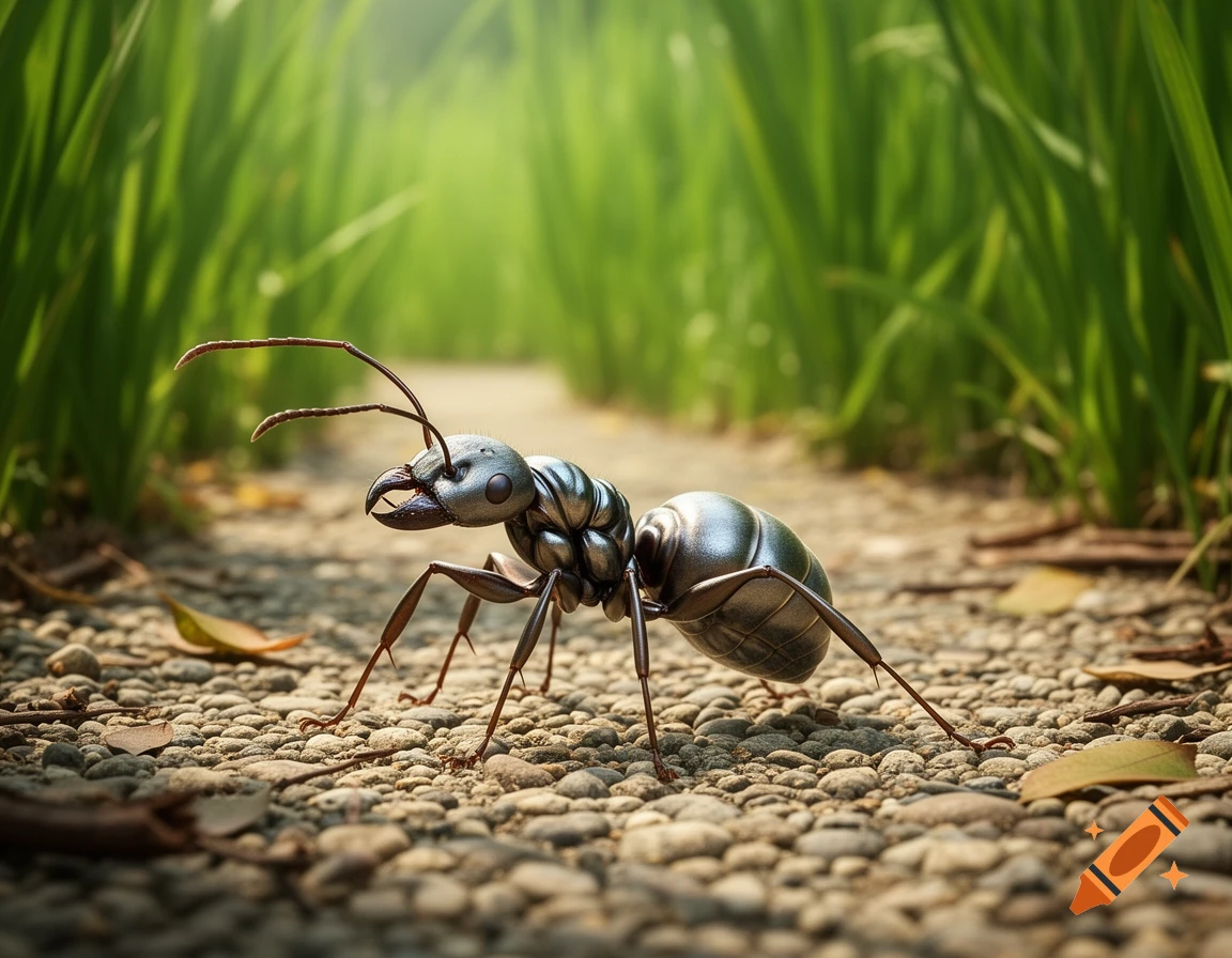 A close-up, photorealistic view of a large ant on a pebbled path with tall green grass in the background.