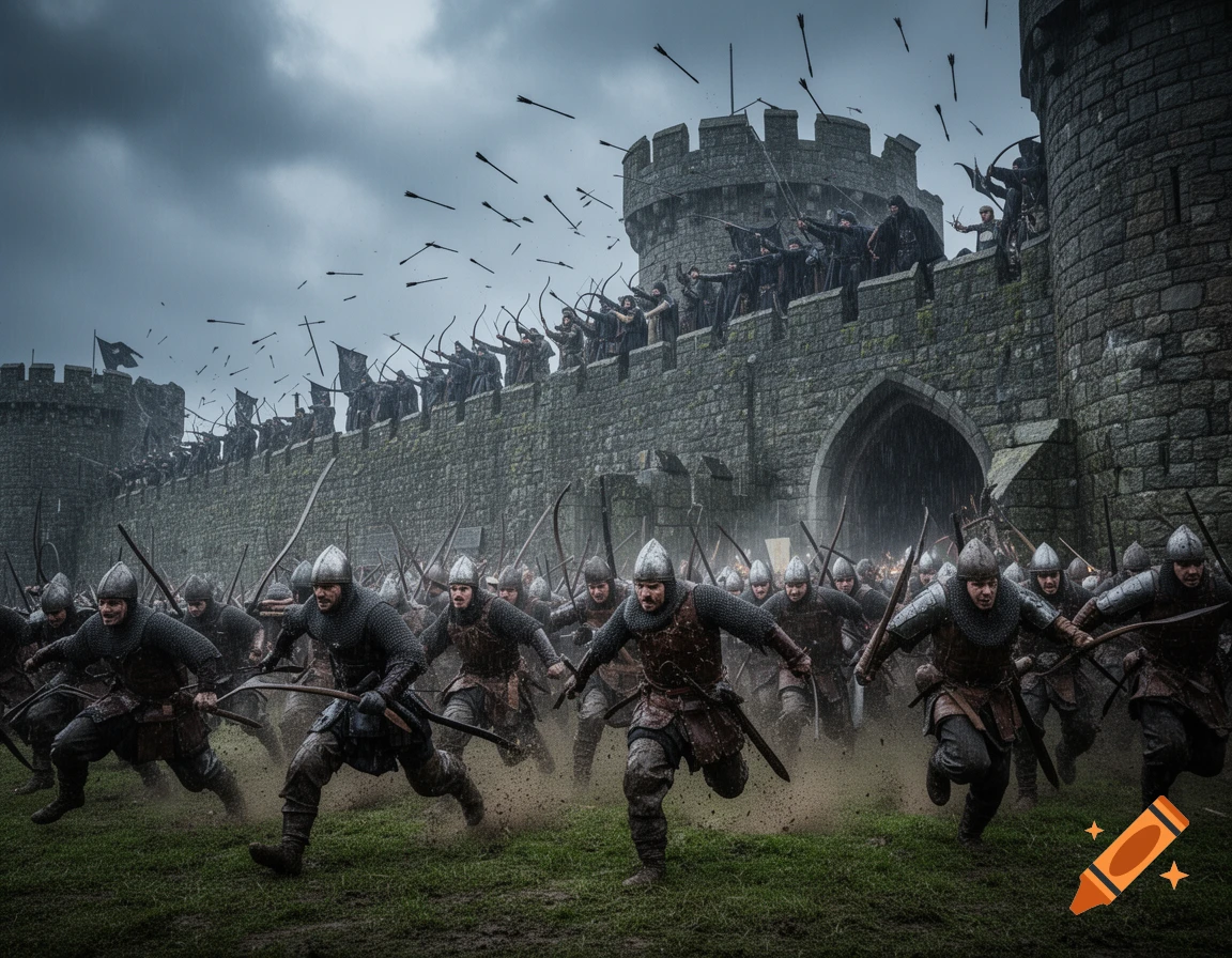 Medieval warriors charge toward a castle under a hail of arrows during a stormy siege.