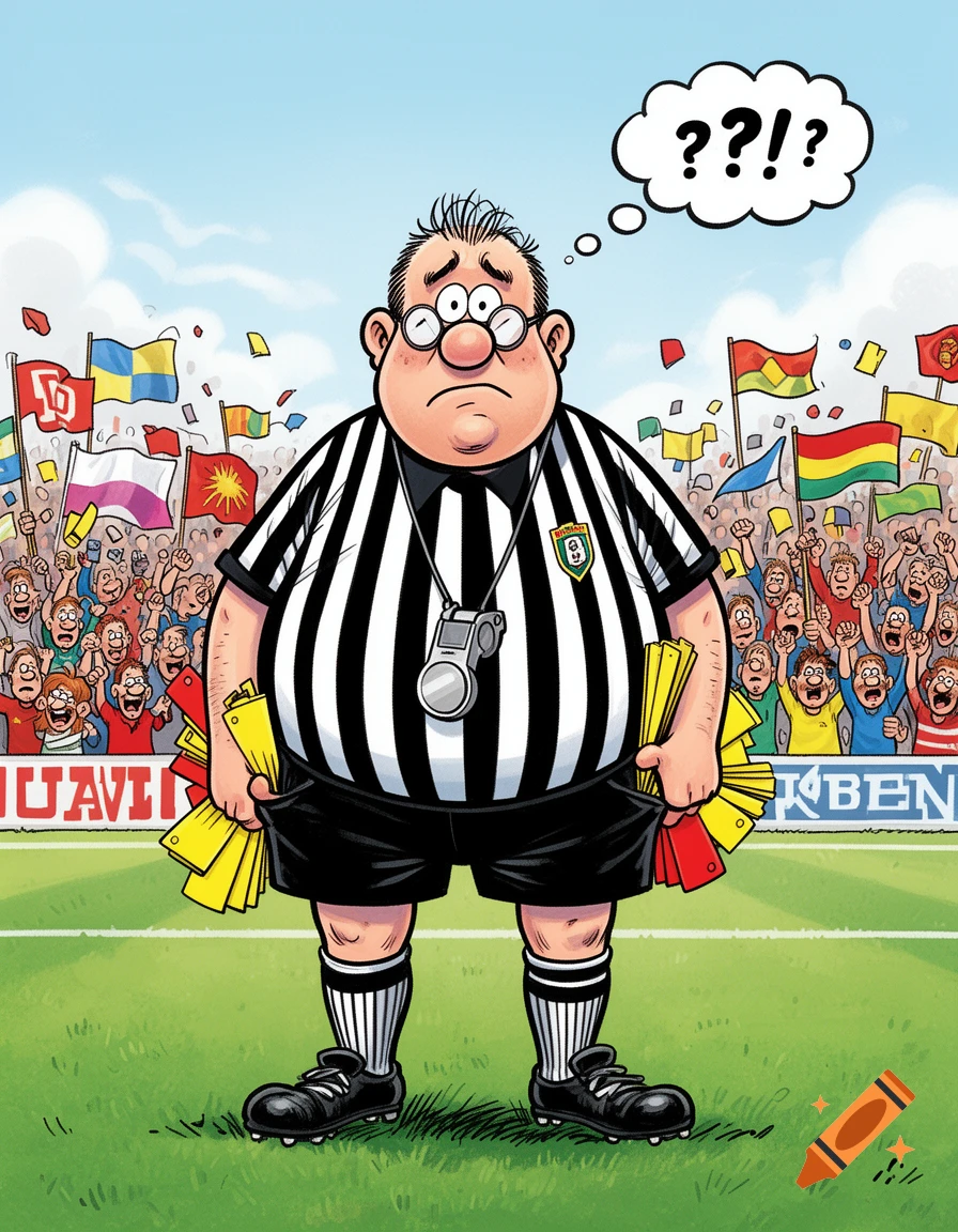 A cartoon of an overweight, confused football referee holding yellow and red cards, standing on a field in front of a cheering crowd with various flags.